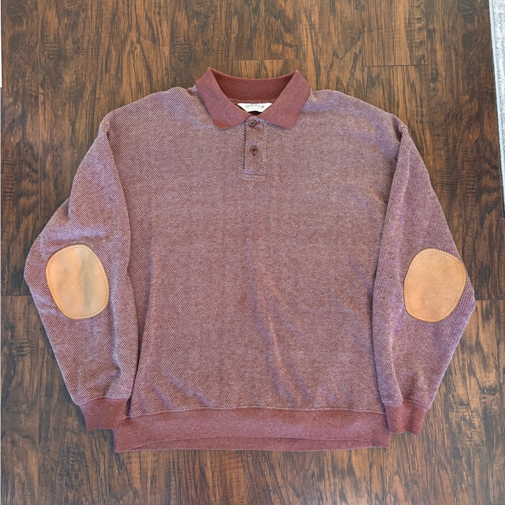 Orvis Burgundy Polo Rugby Sweatshirt with 100% Leather Elbow Patches Size XL